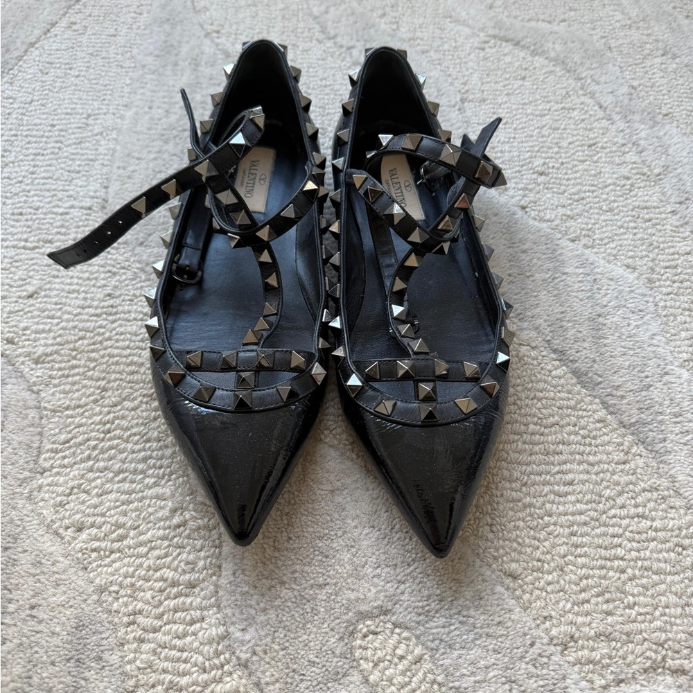 Valentino Garavani Black Patent Rockstud Pointed Mary Jane Flats